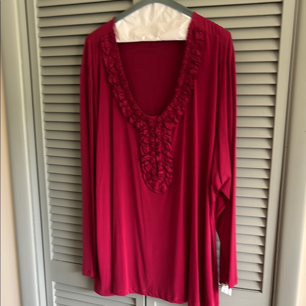 Susan Graver Red Ruffled Long Sleeve Blouse
